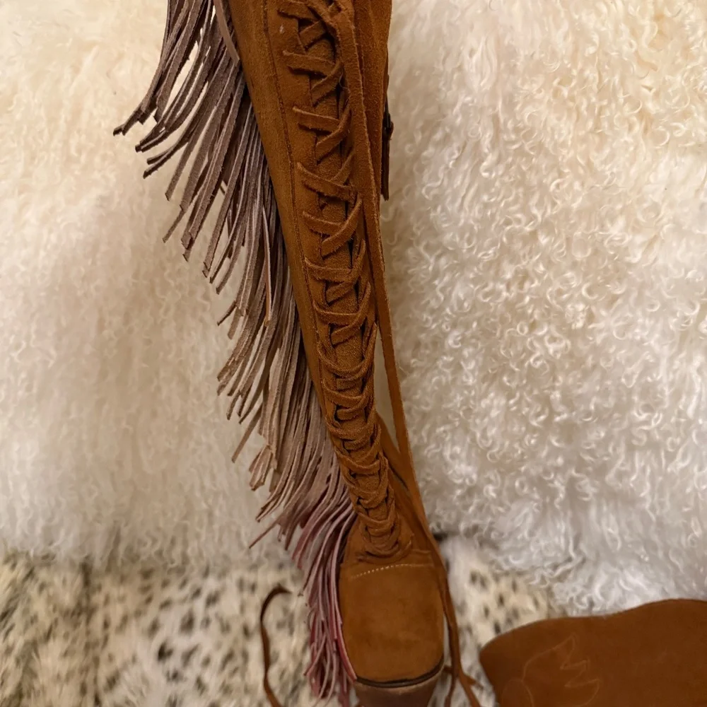Lane Junk Gypsy Spirit Animal Fringe Over the Knee Boots - Brown and Red